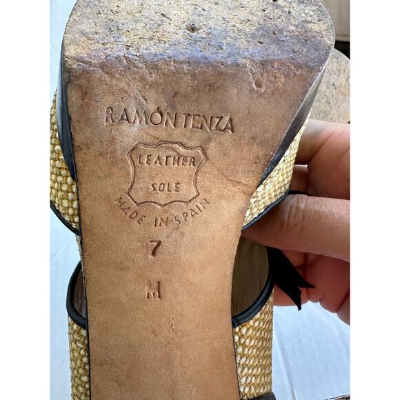 Ramon Tenza Spain Raffia Slingback Heels Peep Toe Black Trim Resort Wedding 7 - Picture 10 of 11